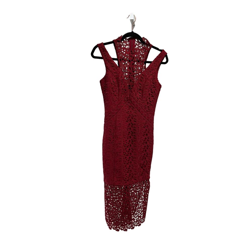 Keepsake Cranberry High Neck Sleeveless Cutout Lace Cocktail Dress Size S $289